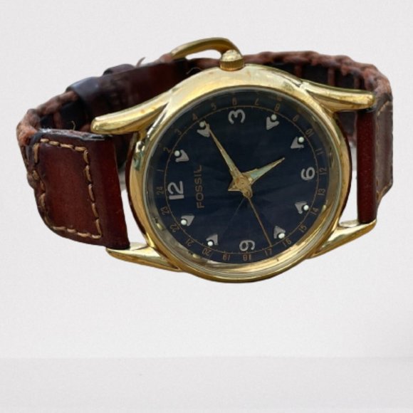 Fossil Men Watch Gold Tone Case Pyramid Crystal Brown Braided Leather Band Analo - Picture 12 of 13